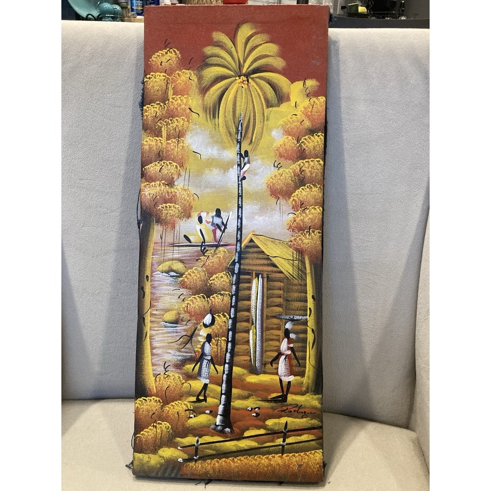 Vintage Haitian Folk Art Painting Signed Rodrigue - Village Scene 8 X 20